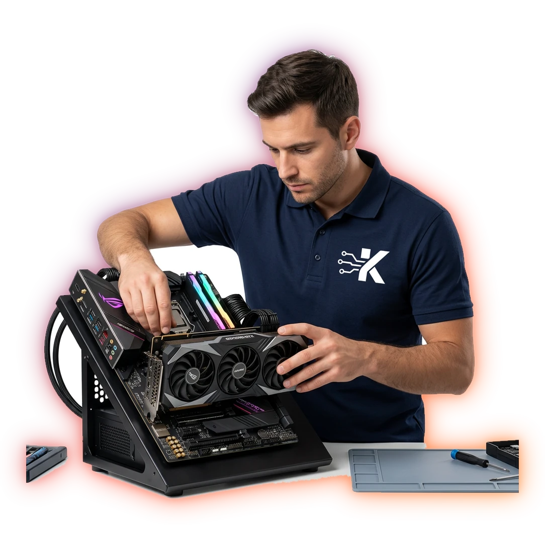 Klarwerk IT Techniker ruestet eine Grafikkarte in einem Gaming-PC nach