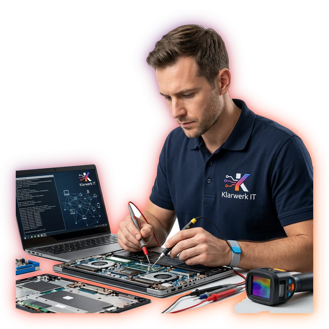 Klarwerk IT Techniker prueft einen Laptop zur Diagnose