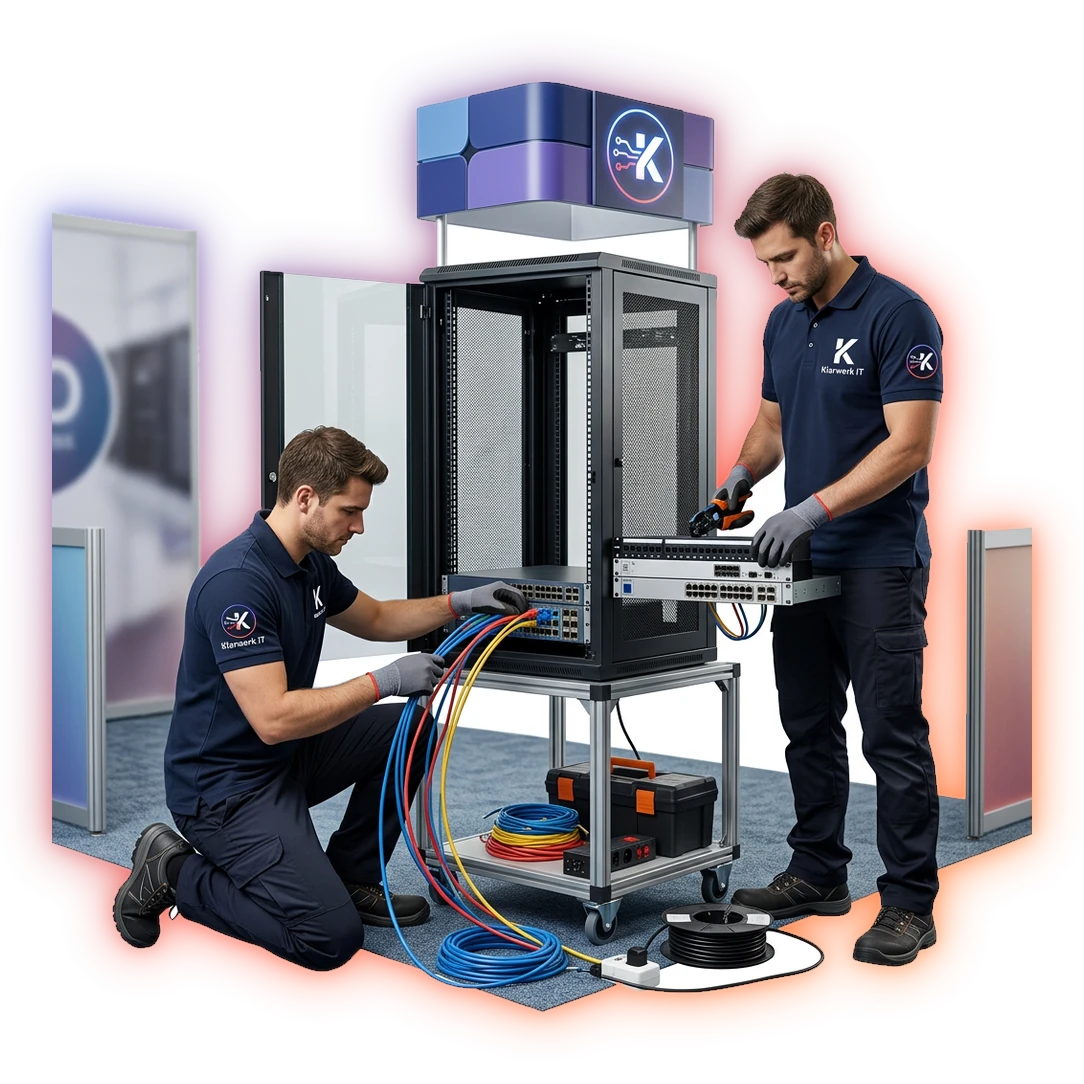 Klarwerk IT Team richtet Netzwerktechnik an einem Messestand ein