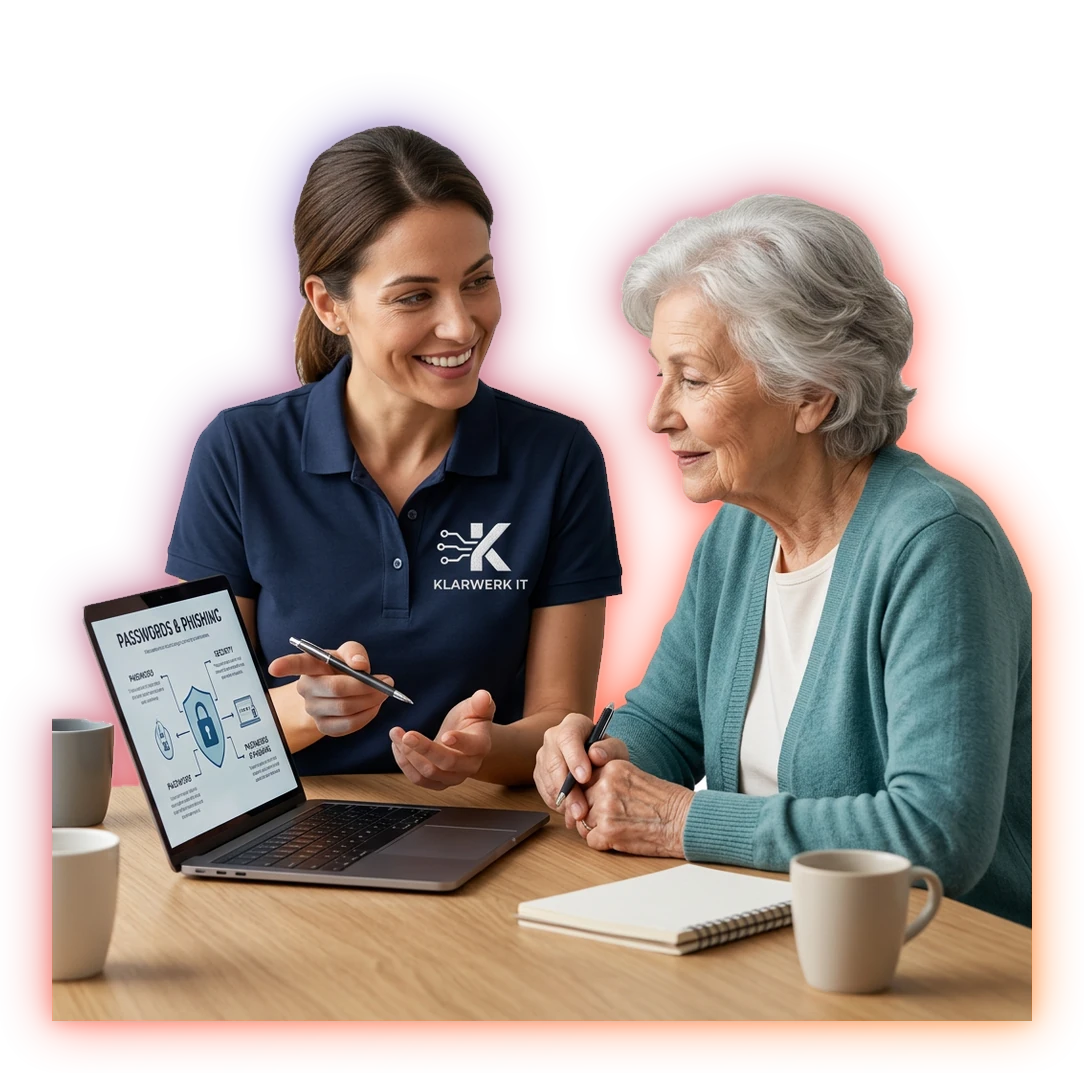 Klarwerk IT erklaert einer Seniorin verstaendlich Sicherheit am Laptop
