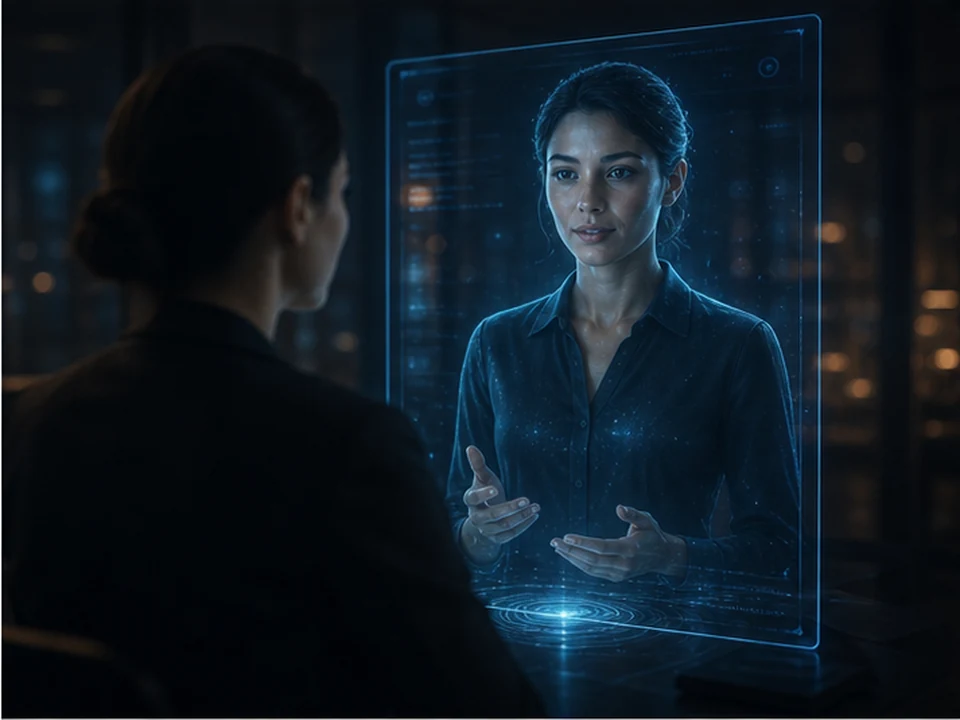 Lifelike KI-Avatar-Assistent auf einem digitalen Bildschirm