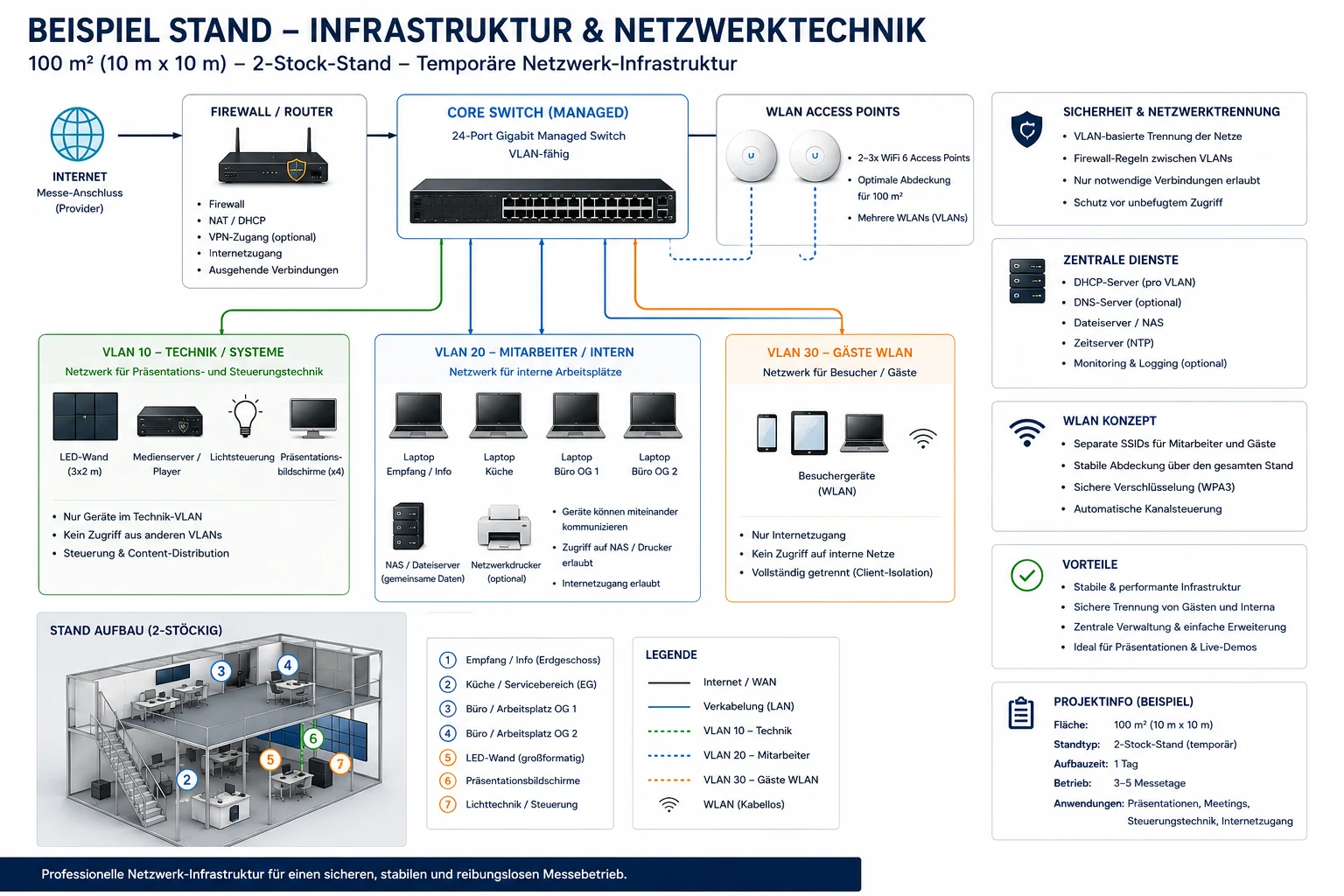 Beispiel Stand Infrastruktur und Netzwerktechnik für einen 100 Quadratmeter Messestand