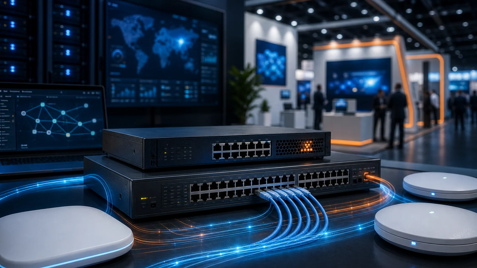 Professionelle Netzwerk- und Messe-Infrastruktur mit Switches und Access Points